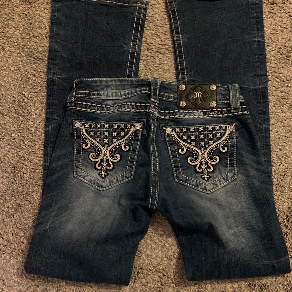Miss Me Dark Blue Boot Cut Jeans with Embellished Pockets